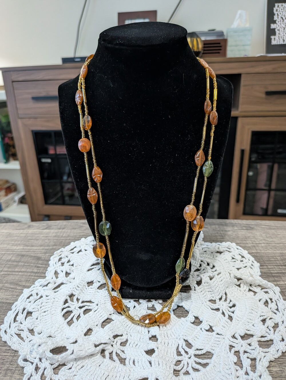 Orange Amber & Olive Green With Gold Bead Long Necklace